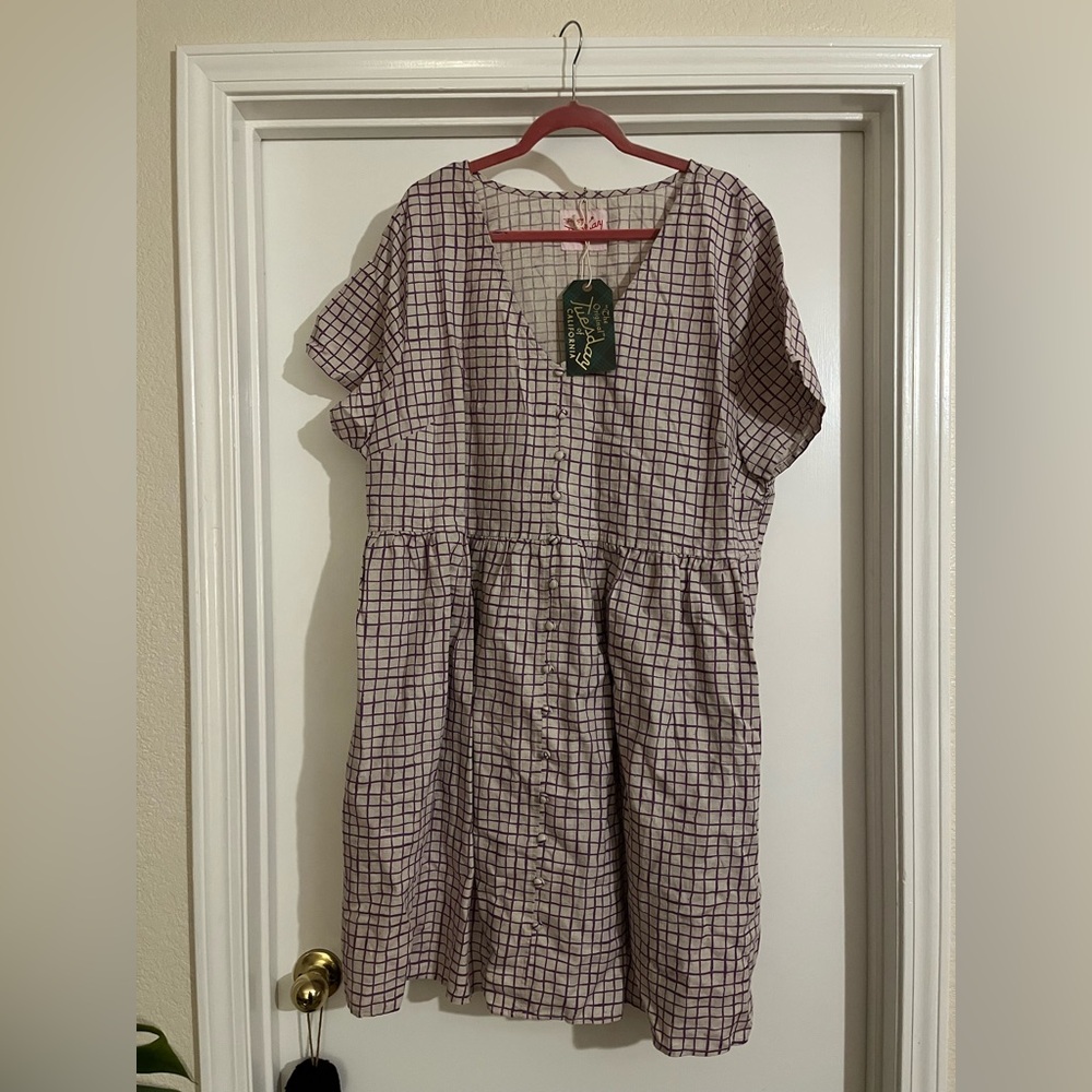 Tuesday bassen tan and purple grid dress